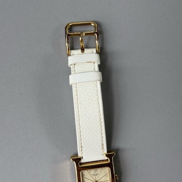 Hermes Heure H Watch 25mm Small Model Gold Epsom White Leather Working